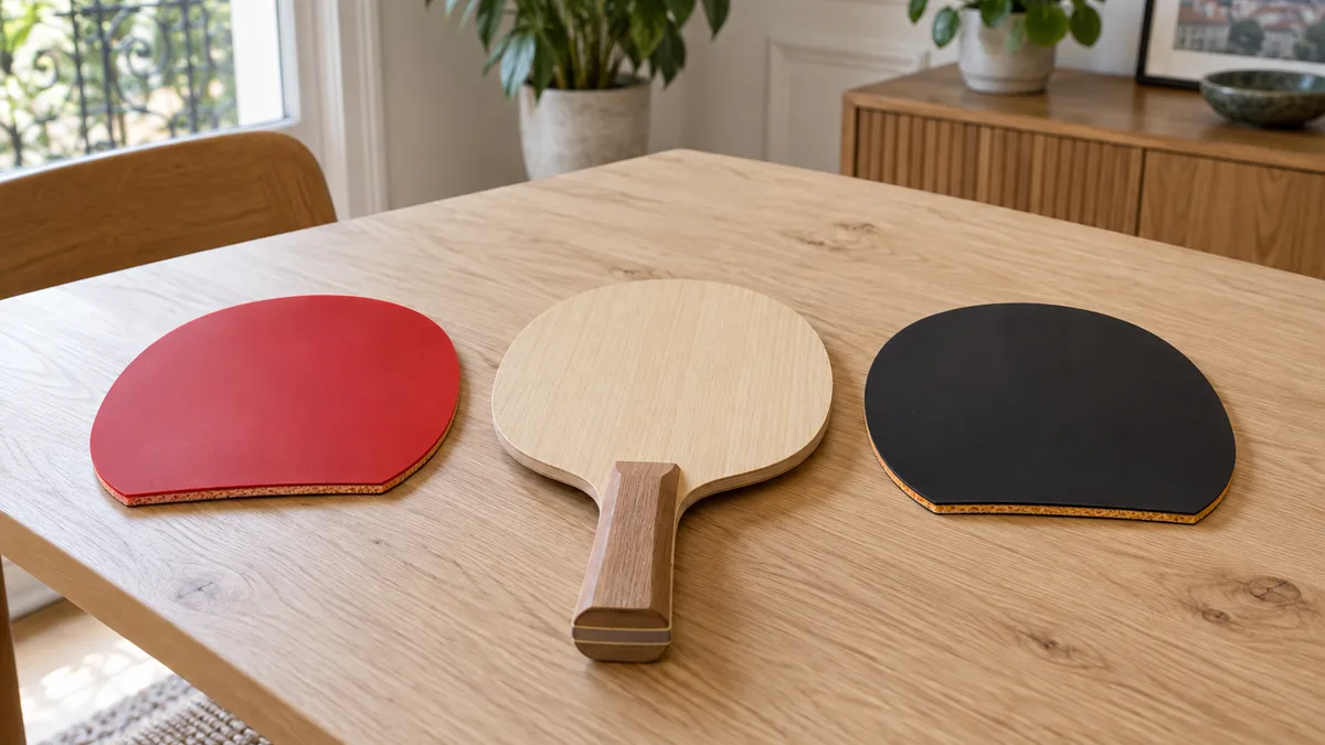 Revêtement de raquette de ping pong posé à côté d’un bois