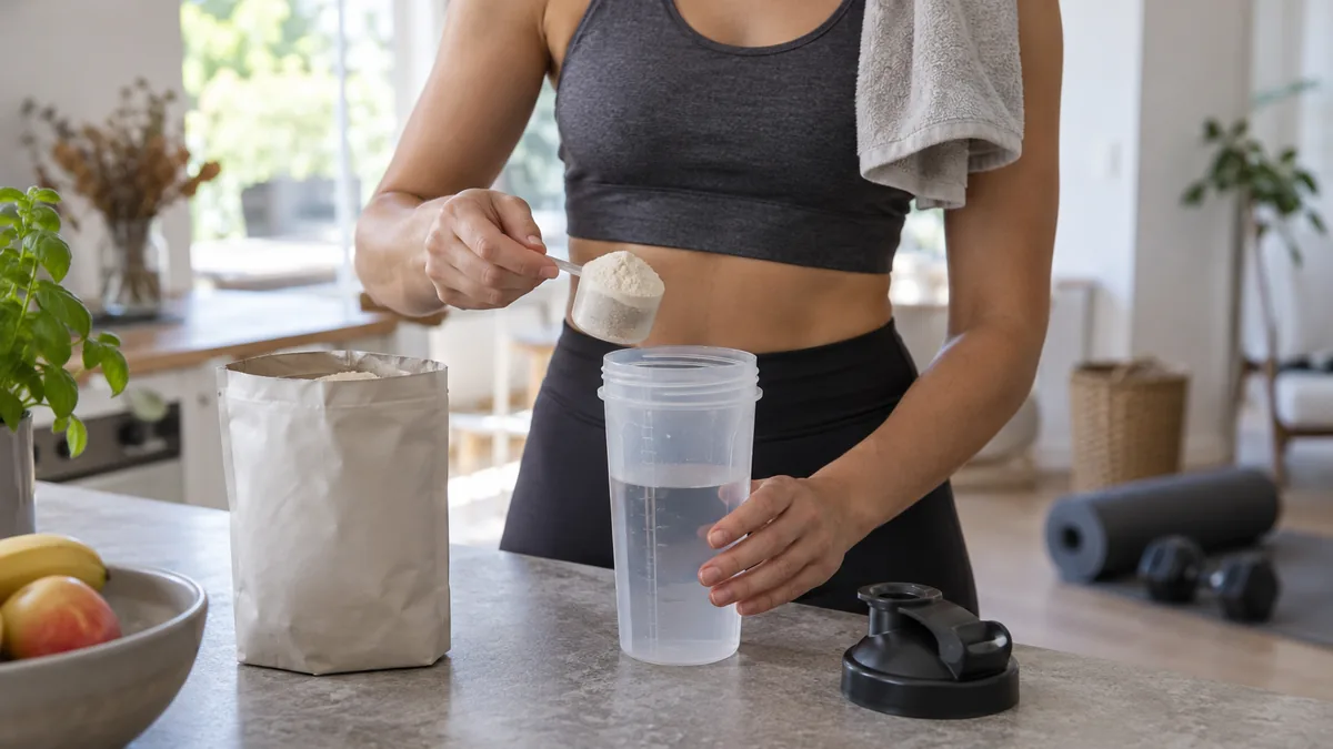 Personne préparant un shaker de whey après un entraînement à domicile