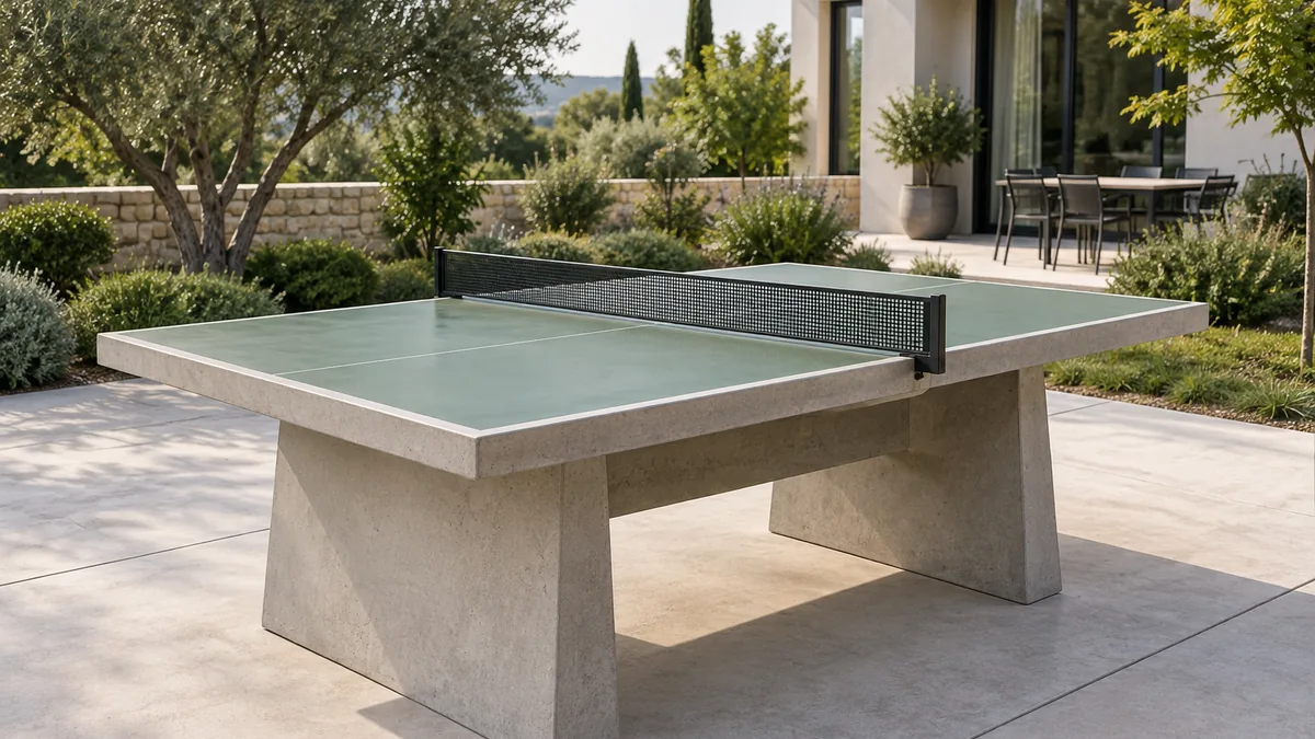 Table ping pong béton installée sur une dalle dans un jardin