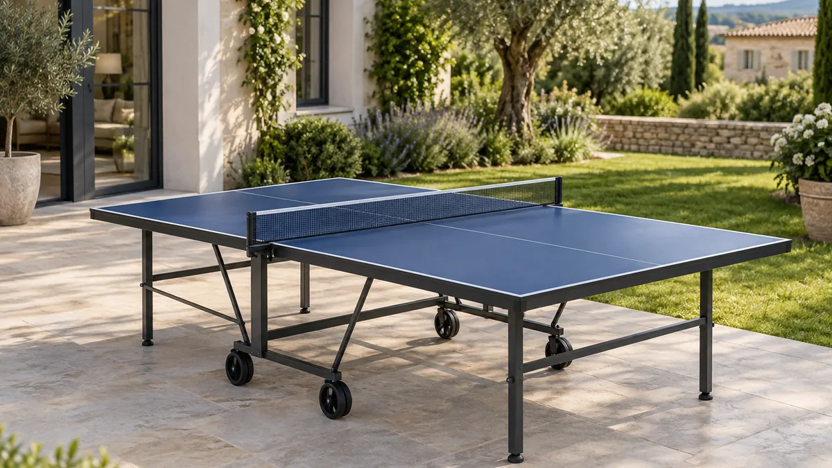 Table de ping pong Decathlon extérieur Pongori dépliée dans un jardin