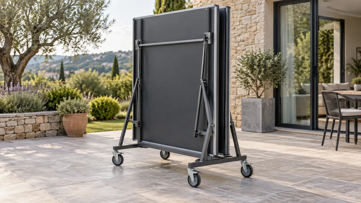 Table de ping-pong Decathlon Pongori pliée sur ses roues pour le rangement