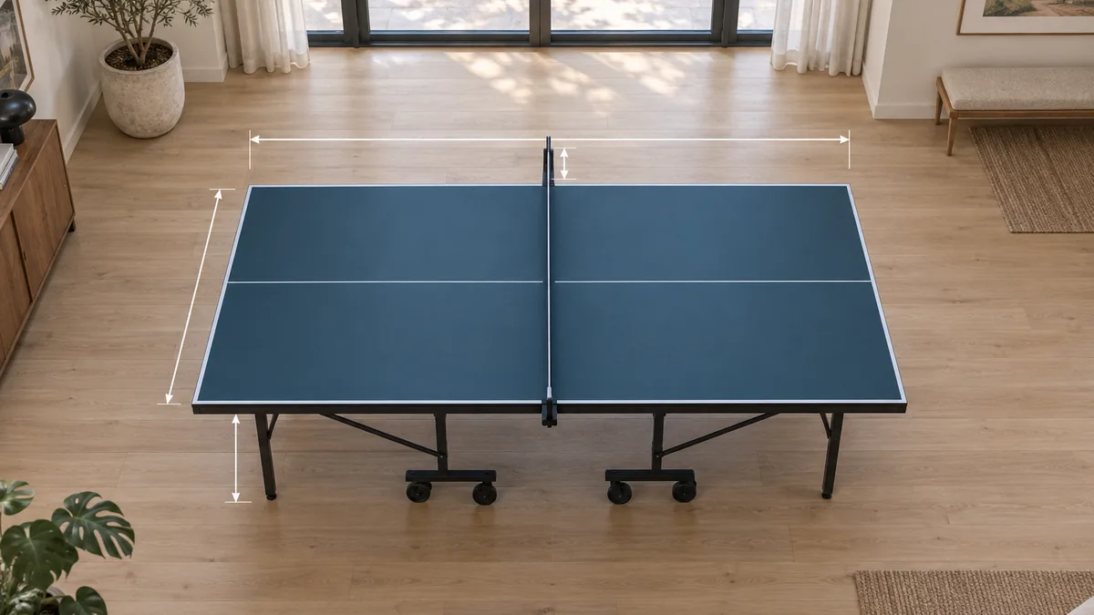 Schéma d'une table de ping pong avec ses dimensions officielles : 274 cm de long, 152,5 cm de large et 76 cm de haut