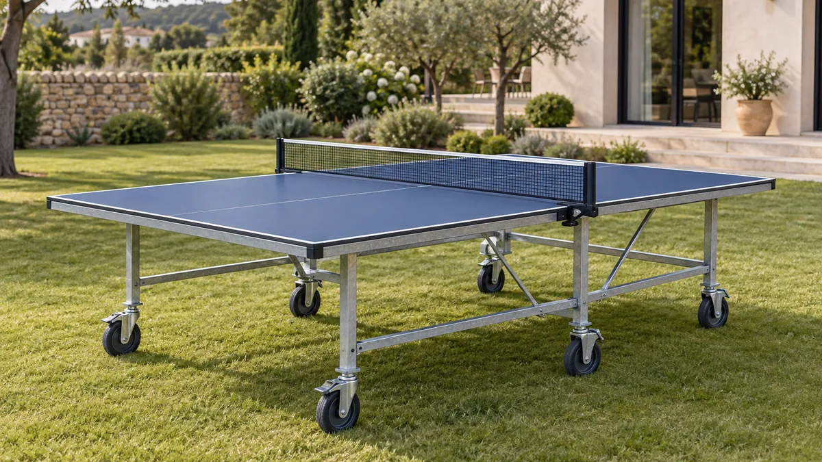 Table de ping pong extérieur dépliée sur une pelouse de jardin