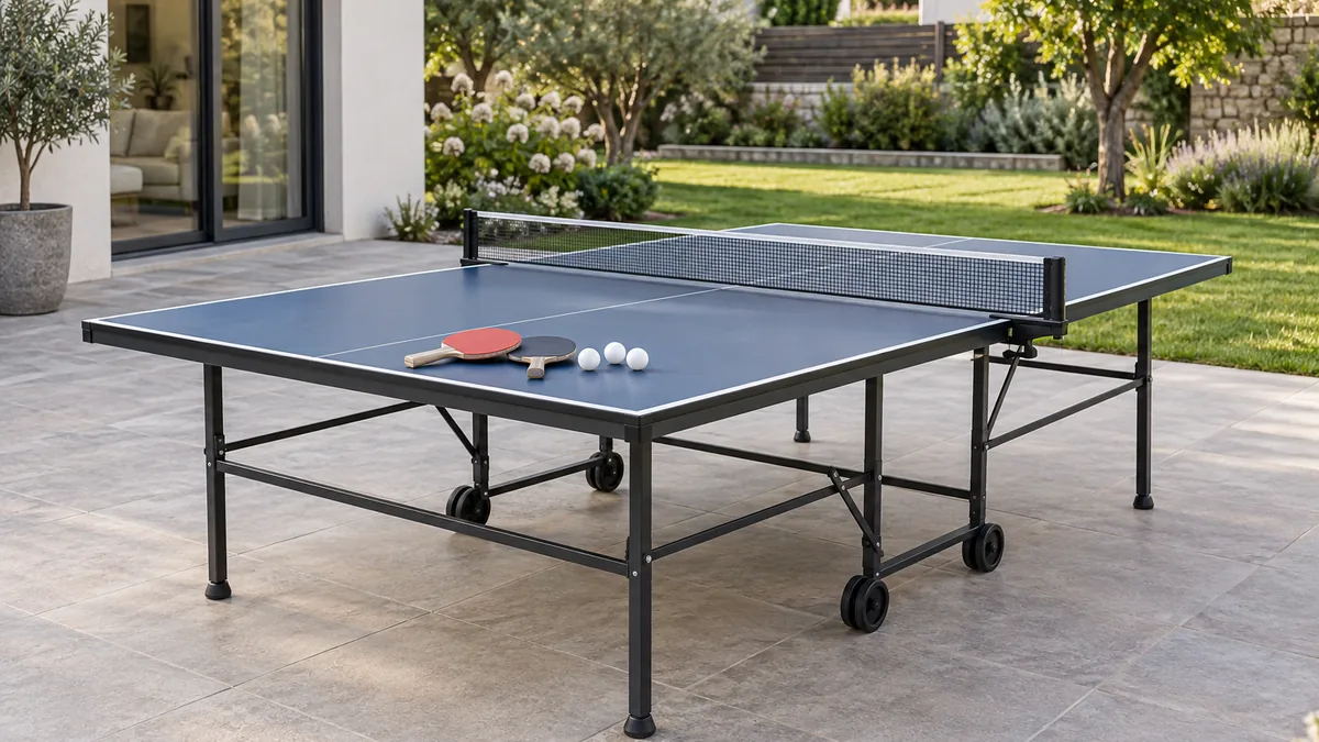 Table de ping pong extérieur pas cher installée sur une terrasse avec raquettes et balles