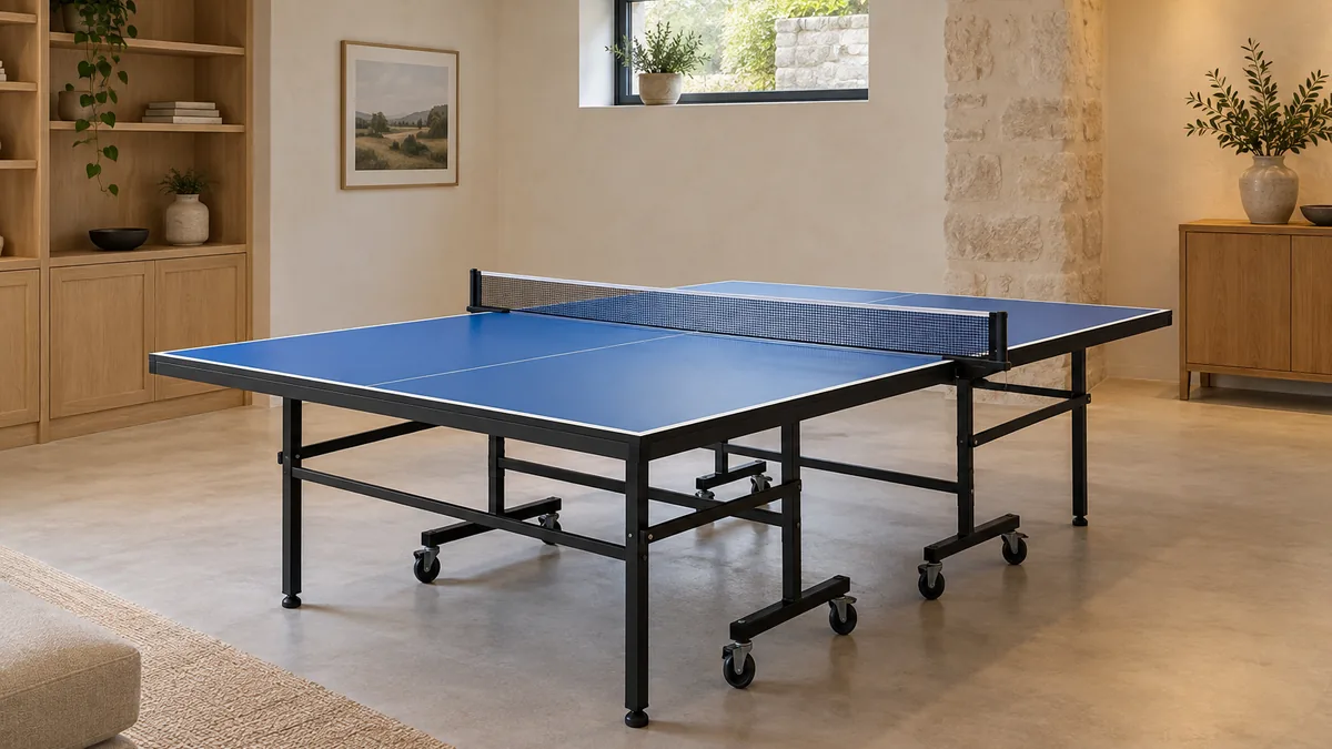 Table de ping pong intérieur bleue installée dans un sous-sol aménagé, filet tendu