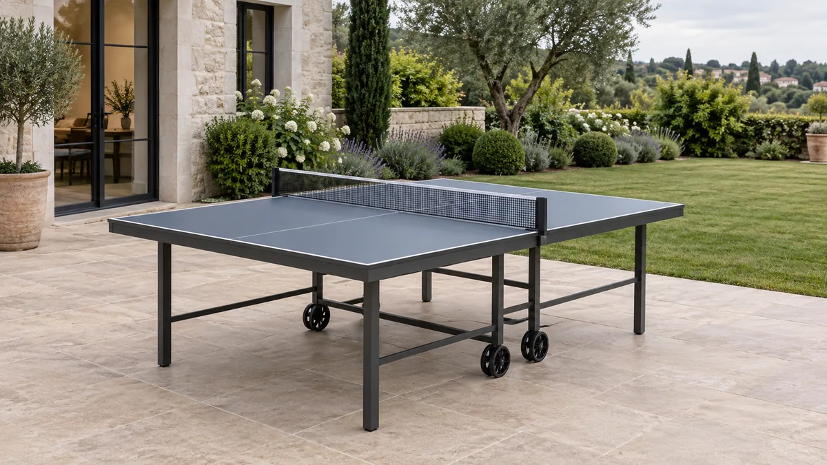 Table de ping pong Kettler d'extérieur dépliée sur une terrasse de jardin