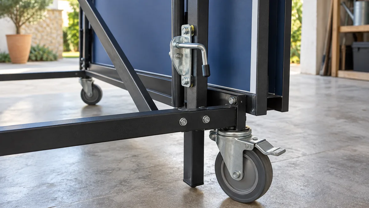 Détail du système de verrouillage et des roues à frein d'une table de ping pong pliable