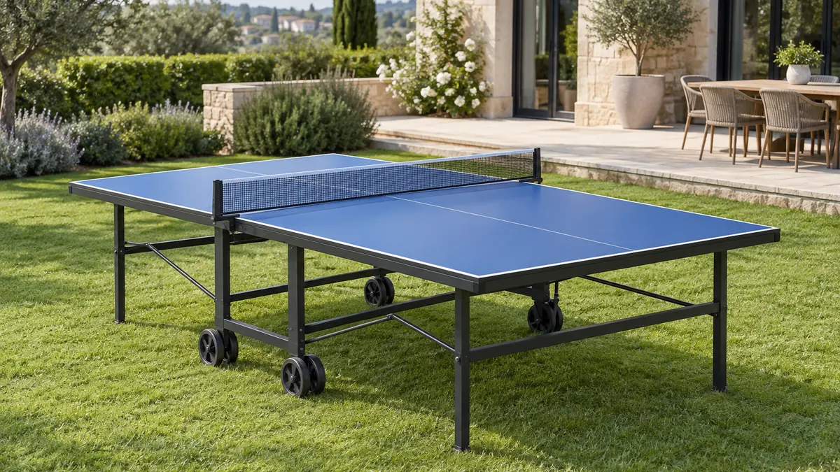 Table de ping pong Sponeta extérieur bleue installée dans un jardin