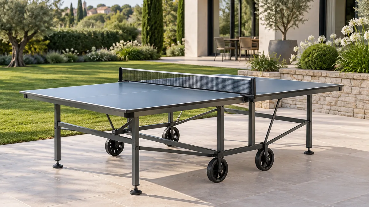 Table tennis de table Cornilleau d'extérieur dépliée sur une terrasse de jardin