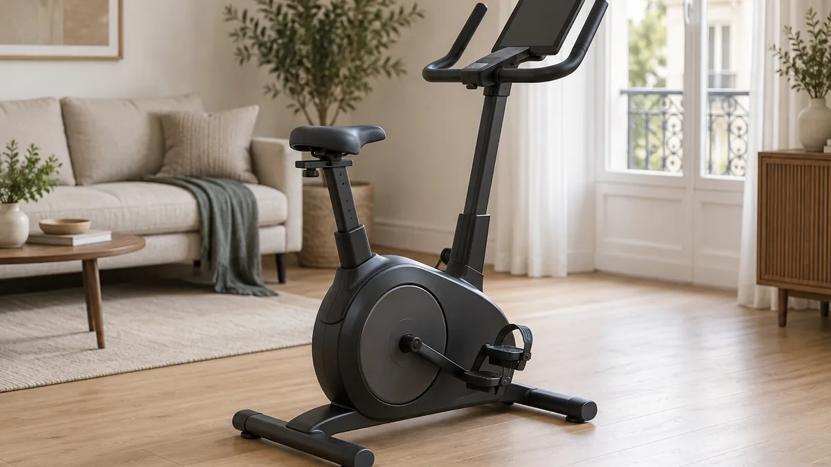 Vélo d'appartement Capital Sport Evo Track avec support de tablette dans un salon
