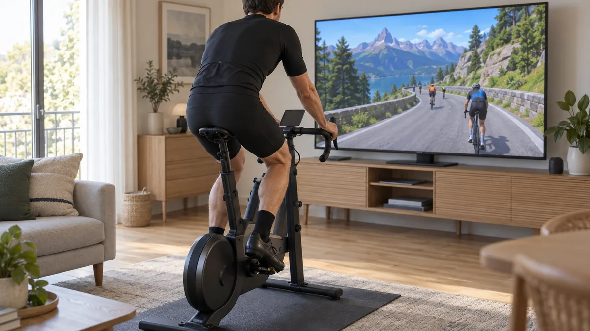 Cycliste sur un vélo d'appartement connecté Zwift devant un écran affichant un monde virtuel