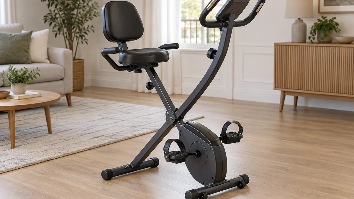 Vélo d'appartement David Douillet VX01 pliable avec selle large et console LCD