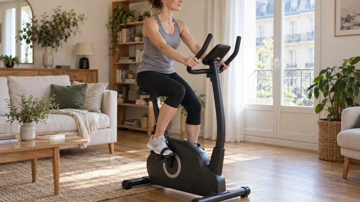 Femme pédalant sur un vélo d'appartement dans son salon pour maigrir