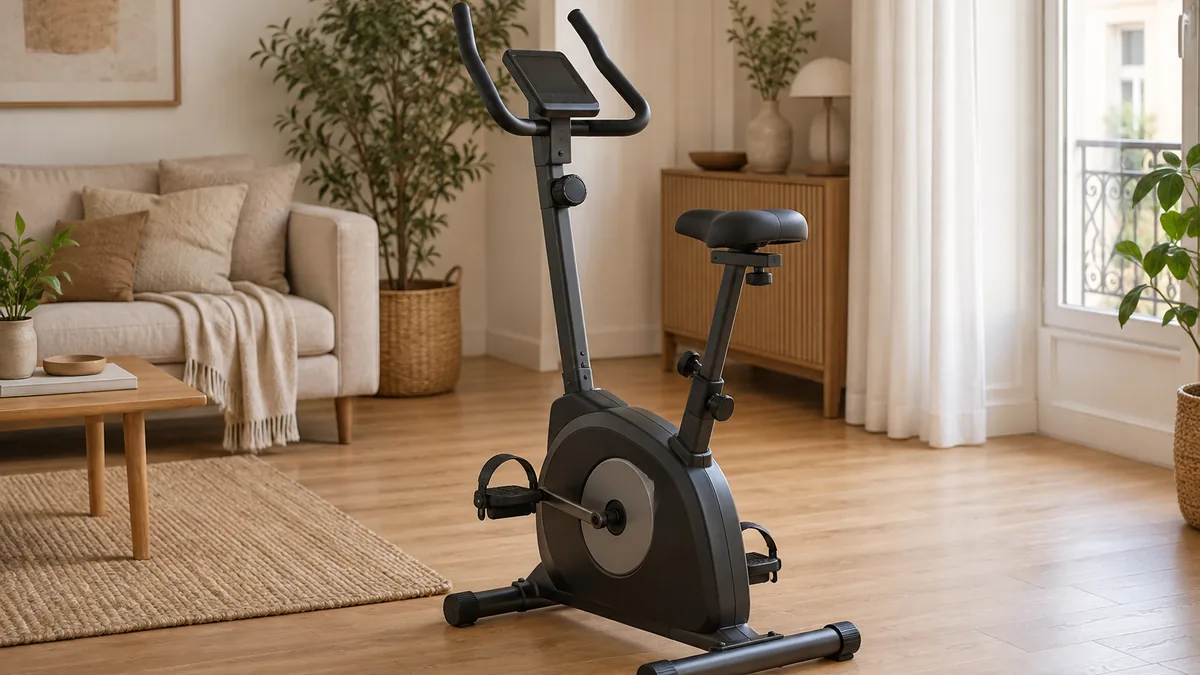 Vélo d'appartement pas cher installé dans le salon d'un appartement