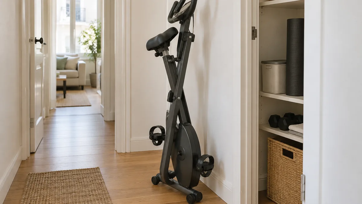 Vélo d'appartement pliable replié et rangé debout dans un couloir étroit