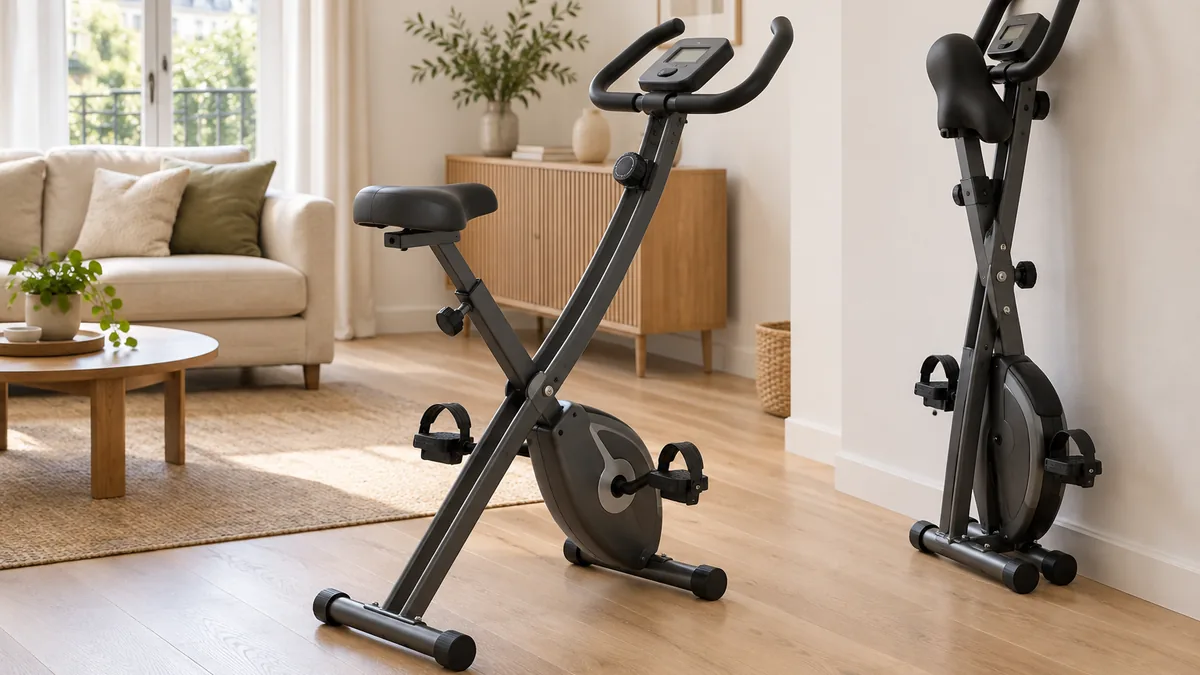 Vélo d'appartement pliable déplié dans un salon, à côté de sa version repliée contre le mur