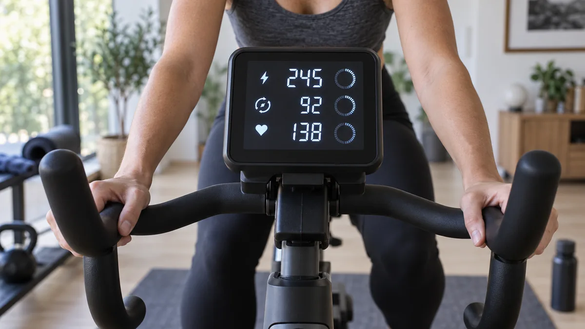 Console d'un vélo d'appartement pro affichant la puissance en watts et la cadence