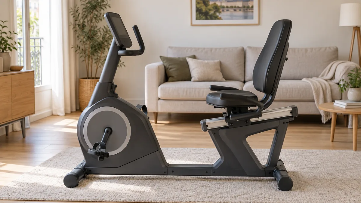 Vélo d'appartement semi allongé avec siège baquet et dossier installé dans un salon