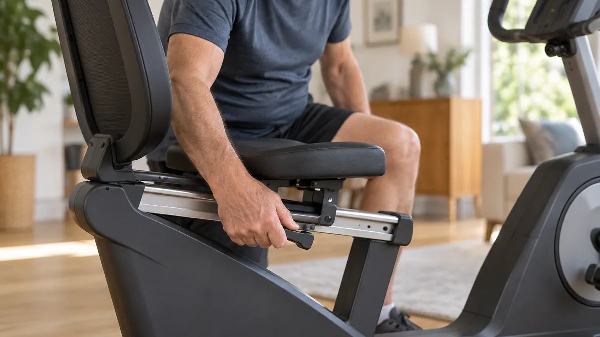 Homme senior réglant la position du siège de son vélo d'appartement pour senior