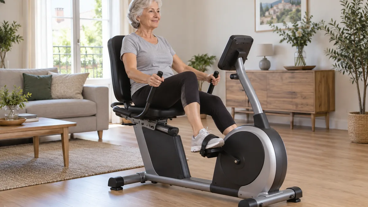 Femme senior pédalant sur un vélo d'appartement semi-allongé avec dossier dans son salon