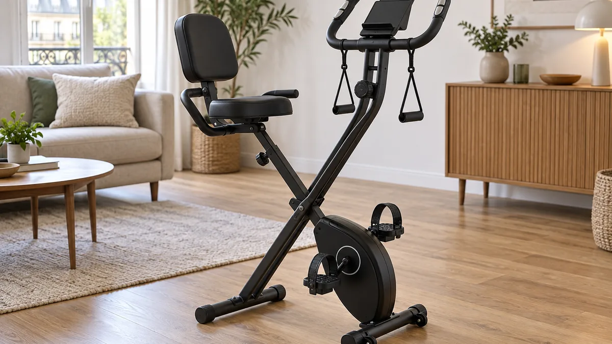 Vélo d'appartement Sportstech X150 pliable avec dossier rembourré et cordes Power Ropes