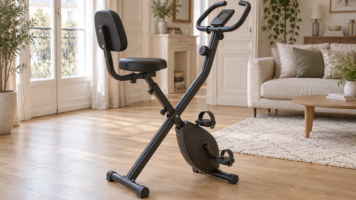 Vélo d'appartement Striale pliable avec dossier installé dans un salon
