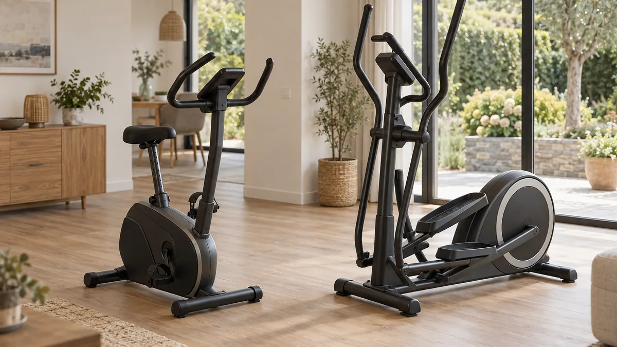 Vélo d'appartement et vélo elliptique côte à côte, deux appareils de cardio à domicile aux bienfaits proches