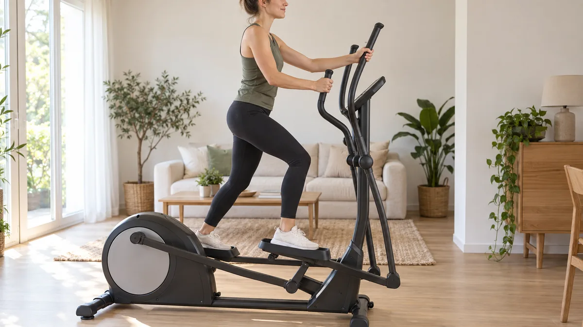 Femme pédalant sur un vélo elliptique à la maison pour un résultat avant après 1 mois