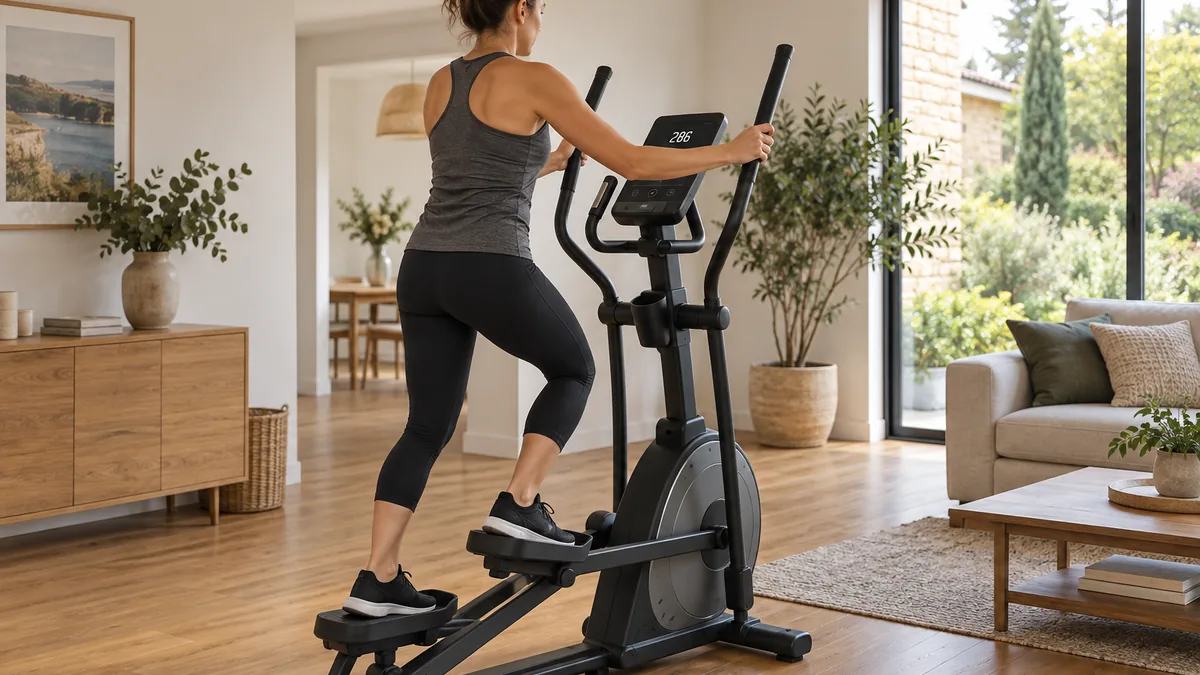 Femme en séance de vélo elliptique à la maison, calories affichées sur la console
