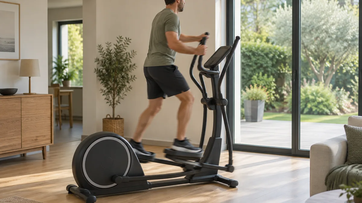 Homme s'entraînant sur un vélo elliptique à domicile pour maigrir