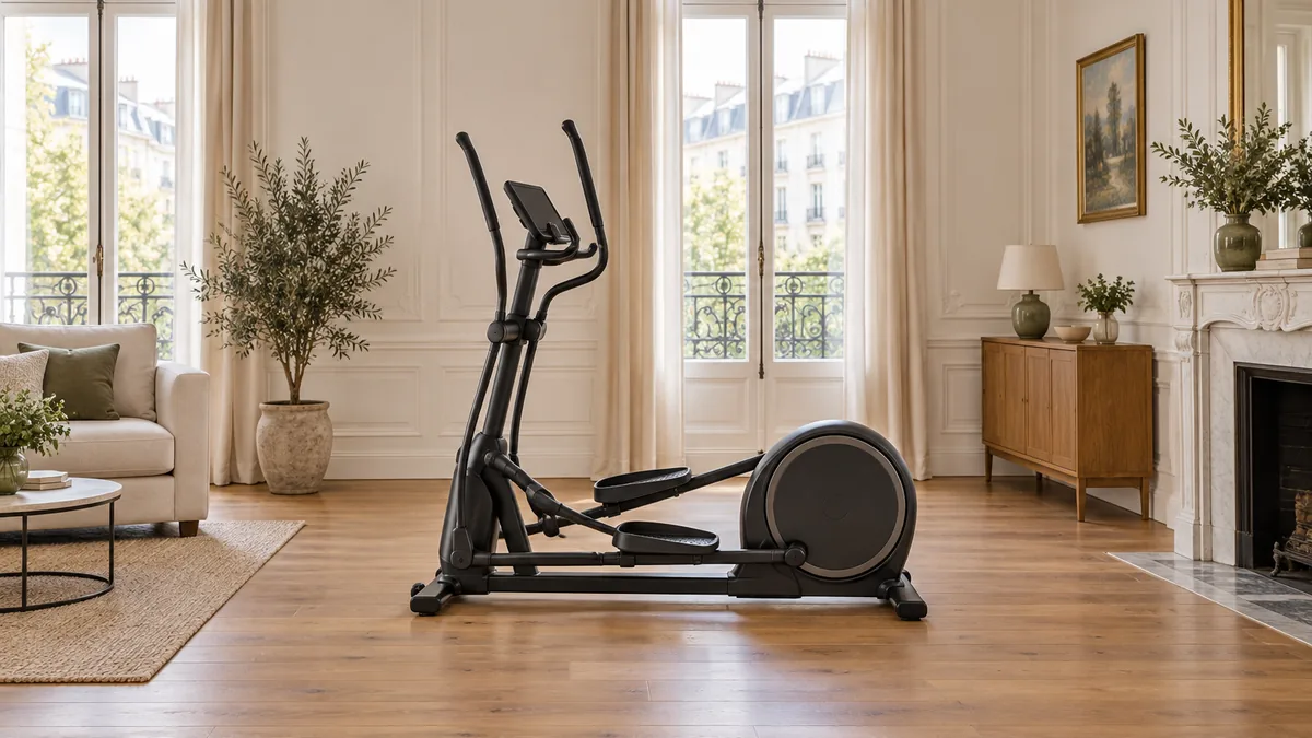 Vélo elliptique Moovyoo installé dans un salon, vu de profil avec sa console et ses poignées mobiles