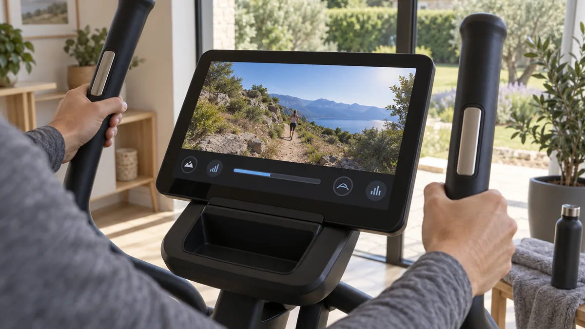 Écran tactile d'un vélo elliptique NordicTrack affichant une séance iFIT en extérieur