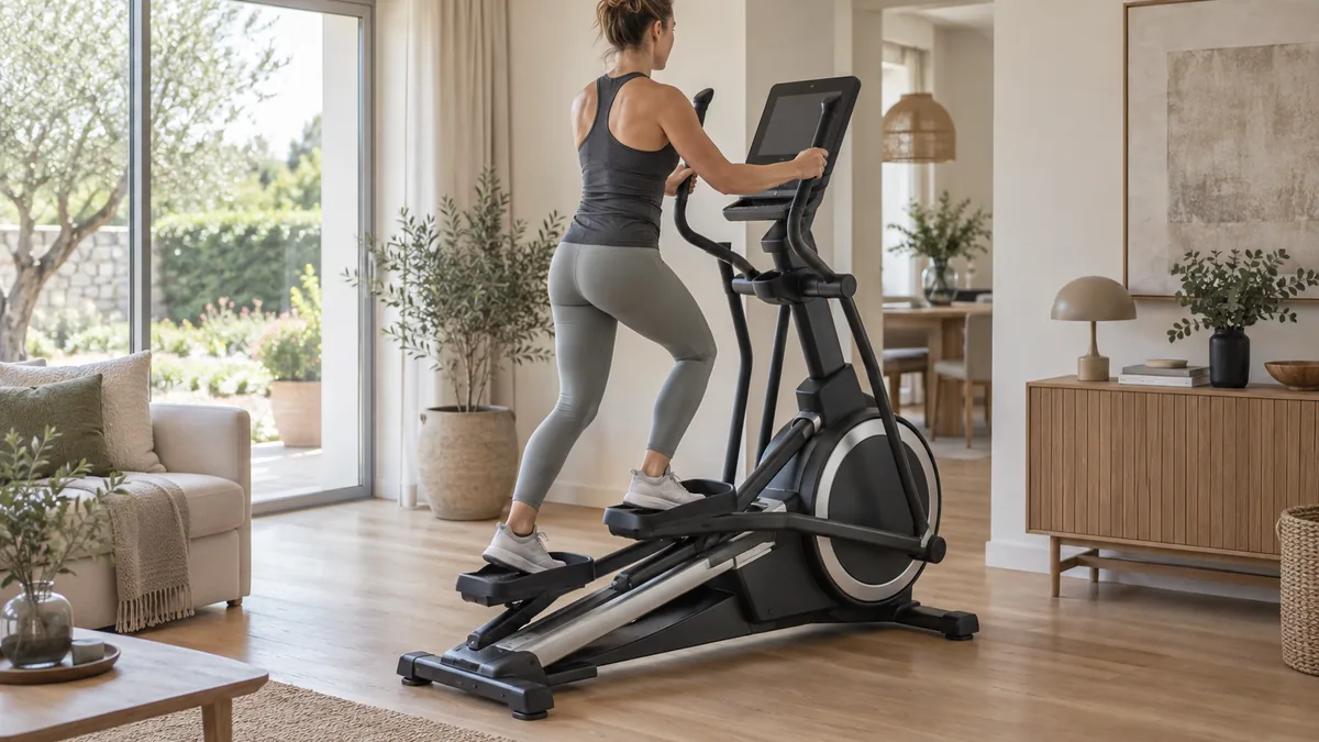 Vélo elliptique NordicTrack avec écran tactile et rampe inclinable dans un salon