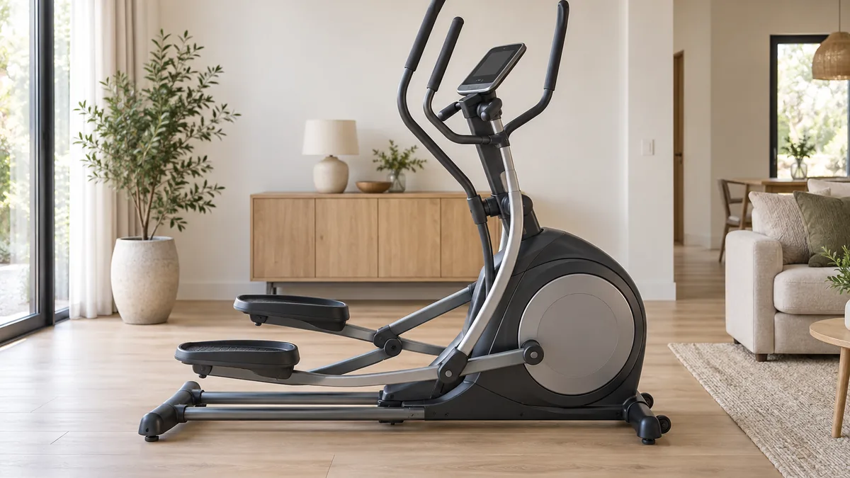 Vélo elliptique ProForm installé dans un salon, vue de profil avec pédales et poignées mobiles