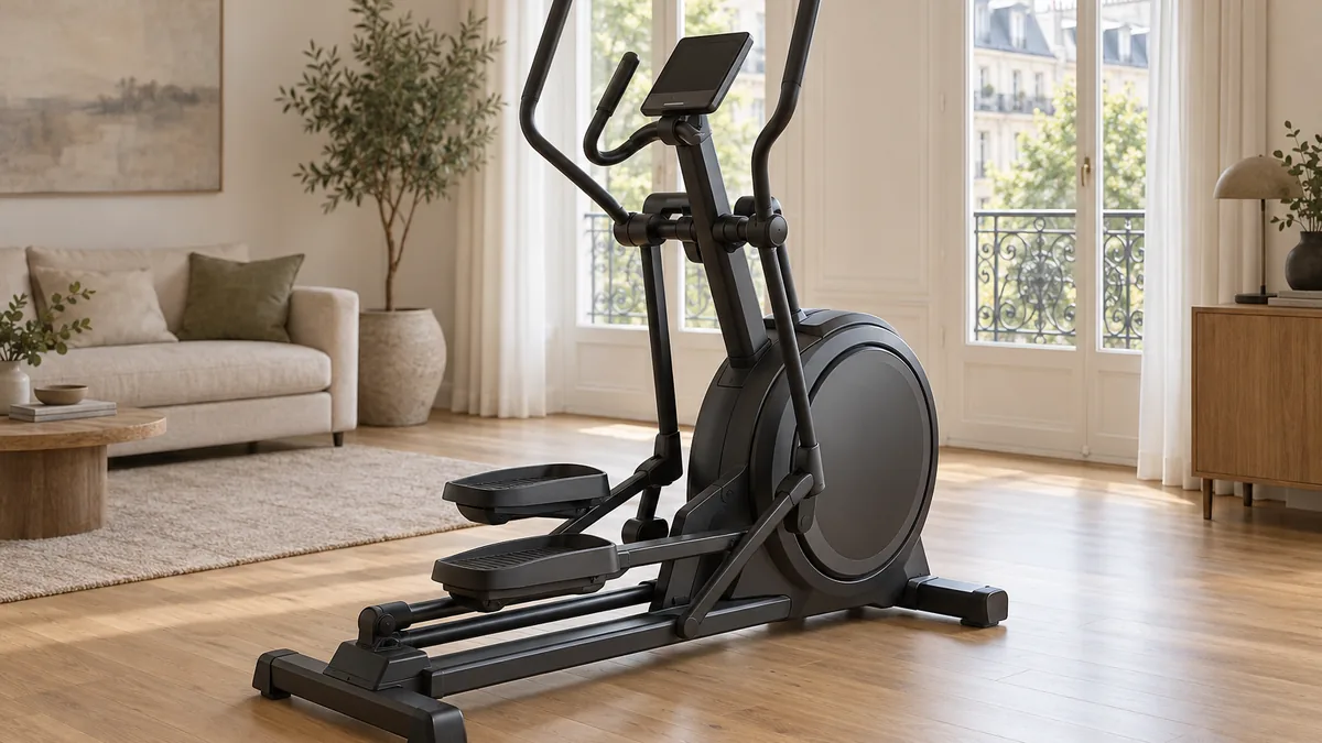 Vélo elliptique Sportstech sCross avec grande foulée dans un salon