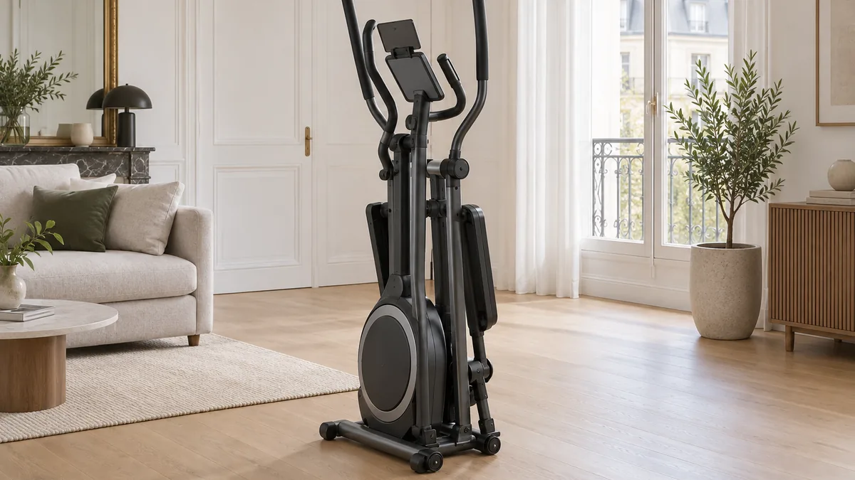 Vélo elliptique Technogym Elliptical pliable installé dans un salon