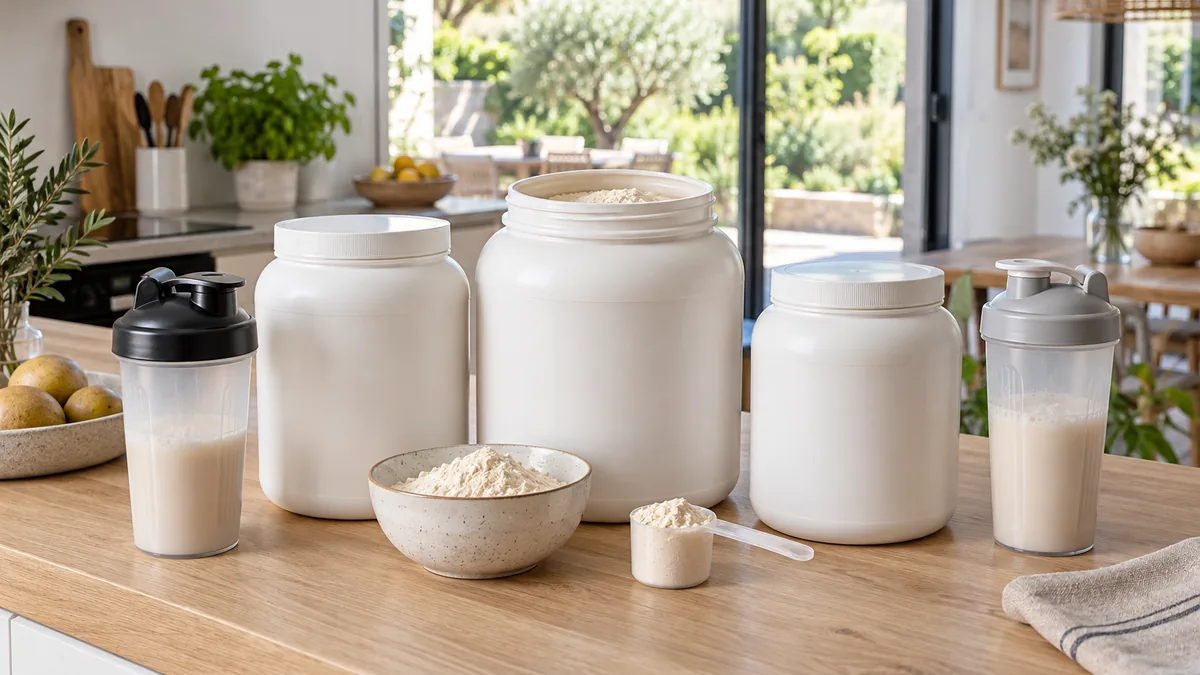 Pots et shakers de whey française pour comparer les compositions
